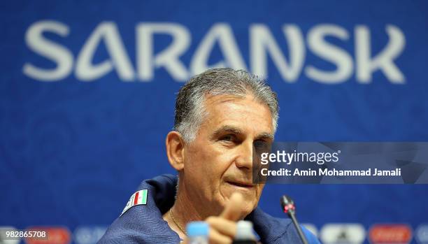 Carlos Queiroz head coach and manager of Iran looks on during a press conference before match between Iran & Portugal on June 24, 2018 in Saransk,...