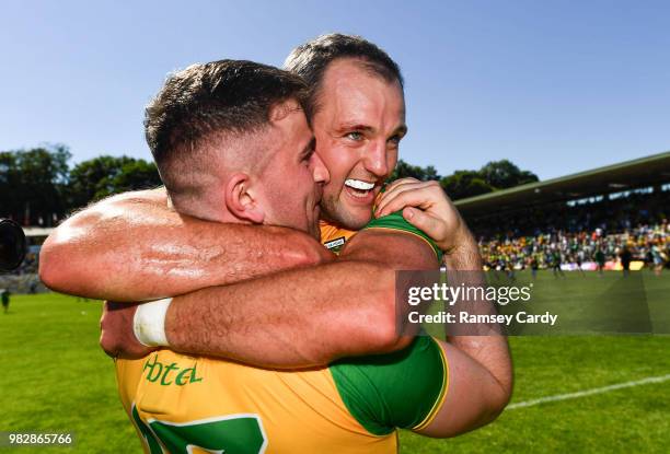 Monaghan , Ireland - 24 June 2018; Patrick McBrearty, left, and Michael Murphy of Donegal celebrate following the Ulster GAA Football Senior...