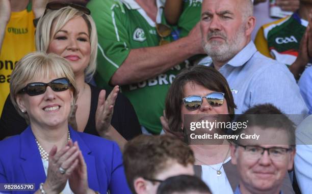 Monaghan , Ireland - 24 June 2018; Heather Humphreys T.D, Sinn Fein MLA Michelle O'Neill and DUP leader Arlene Foster during the Ulster GAA Football...