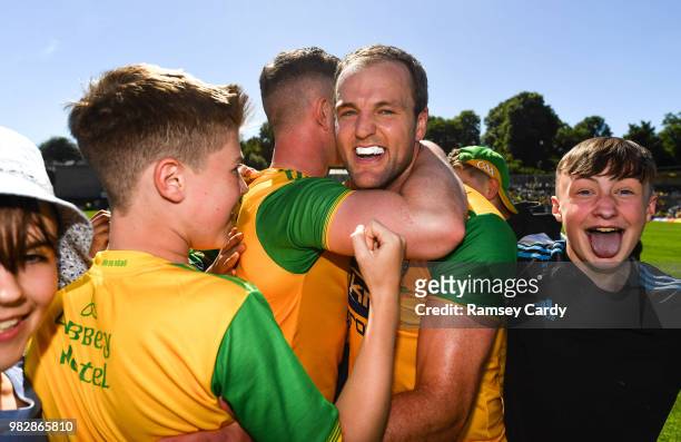 Monaghan , Ireland - 24 June 2018; Michael Murphy of Donegal celebrates with supporters following the Ulster GAA Football Senior Championship Final...