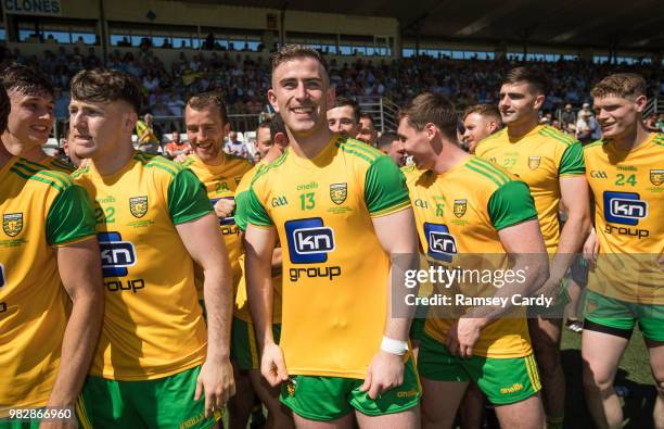 Monaghan , Ireland - 24 June 2018; Patrick McBrearty of Donegal and his teammates await the final whistle of the Ulster GAA Football Senior...