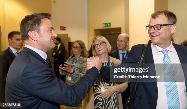 Luxembourg Prime Minister Xavier Bettel welcomes the Finish Prime Minister Juha Sipila prior an informal working meeting on migration and asylum...