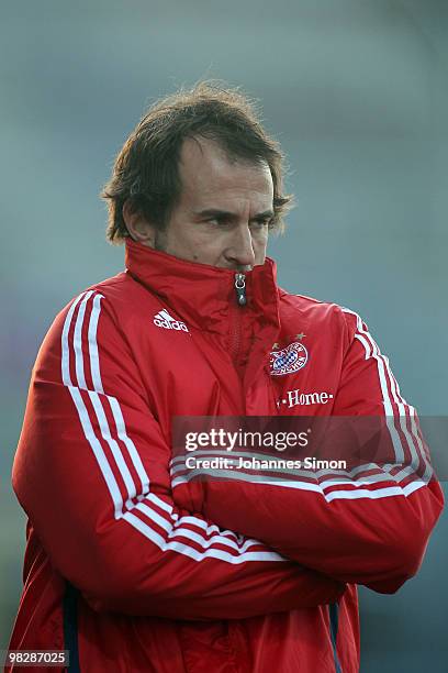 Mehmet Scholl, head coach of Bayern looks on during the 3rd League match FC Bayern Muenchen II vs FC Ingolstadt at Gruenwalder Stadion on April 6,...