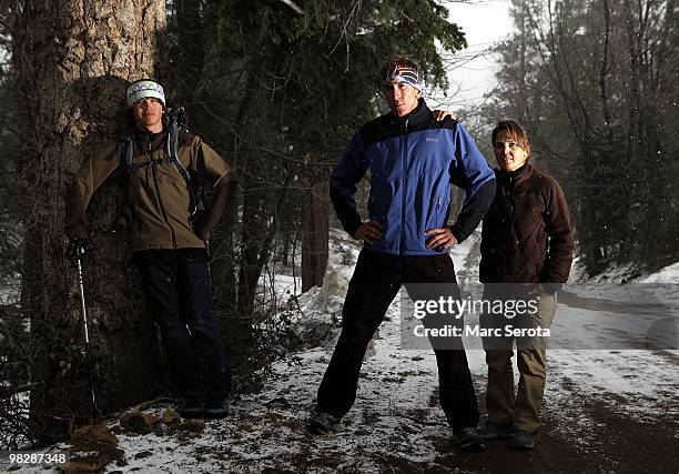 Jordan Romero 13 years old, poses for a photo with his father Paul and his stepmother Karen Lundgren at his home in Big Bear Lake, California on...