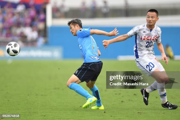 Kazuyoshi Miura of Yokohama FC in action during the J.League J2 match between Yokohama FC and Ventforet Kofu at Nippatsu Mitsuzawa Stadium on June...