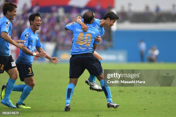 Kosuke Saito of Yokohama FC celebrates the first goal during the J.League J2 match between Yokohama FC and Ventforet Kofu at Nippatsu Mitsuzawa...