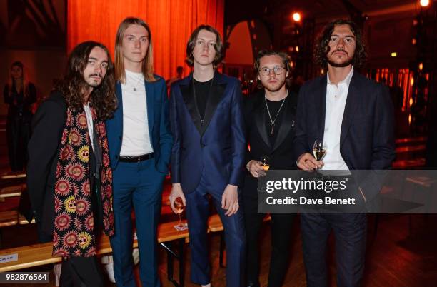 Josh Dewhurst, Myles Kellock, Tom Ogden, Joe Donovan and Charlie Salt of Blossoms, all wearing Paul Smith, attend the Paul Smith SS19 Menswear Show...