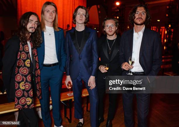 Josh Dewhurst, Myles Kellock, Tom Ogden, Joe Donovan and Charlie Salt of Blossoms, all wearing Paul Smith, attend the Paul Smith SS19 Menswear Show...