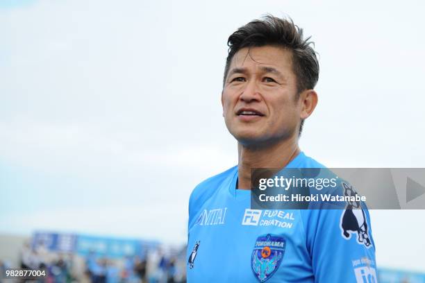 Kazuyoshi Miura of Yokohama FC looks on after the J.League J2 match between Yokohama FC and Ventforet Kofu at Nippatsu Mitsuzawa Stadium on June 24,...