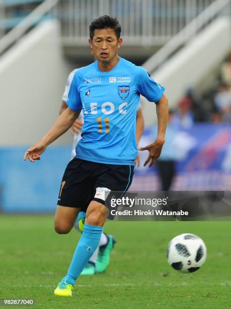 Kazuyoshi Miura of Yokohama FC lin action during the J.League J2 match between Yokohama FC and Ventforet Kofu at Nippatsu Mitsuzawa Stadium on June...