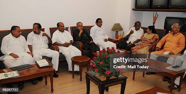 Home Minister P. Chidambaram, Finance Minister Pranab Mukherjee, Leader of Opposition Sushma Swaraj , Lalu Parsad Yadav and other leaders at an All...