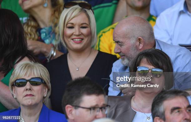 Monaghan , Ireland - 24 June 2018; Heather Humphreys T.D, Sinn Fein MLA Michelle O'Neill and DUP leader Arlene Foster during the Ulster GAA Football...