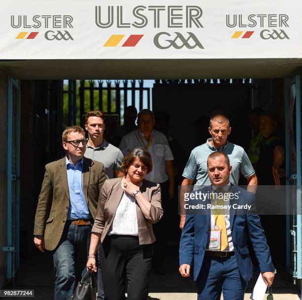 Monaghan , Ireland - 24 June 2018; DUP leader Arlene Foster arrives for the Ulster GAA Football Senior Championship Final match between Donegal and...