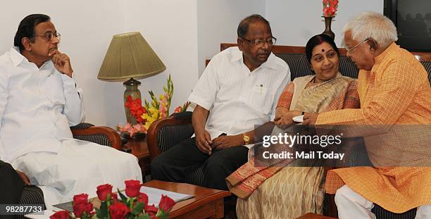 Home Minister P. Chidambaram, Leader of Opposition Sushma Swaraj and Lalu Parsad Yadav at an All Party Meeting on Women Reservation Bill at the...