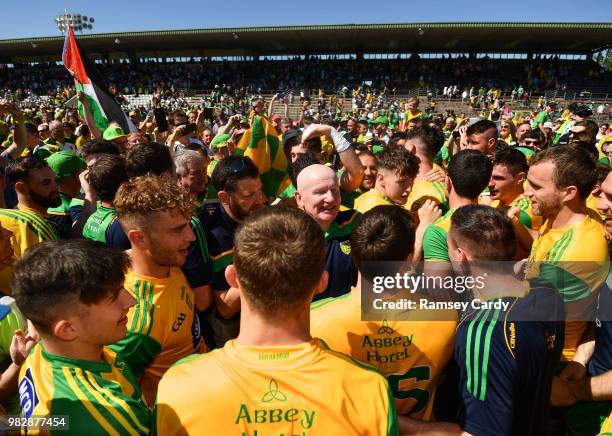 Monaghan , Ireland - 24 June 2018; Donegal manager Declan Bonner with supporters following the Ulster GAA Football Senior Championship Final match...