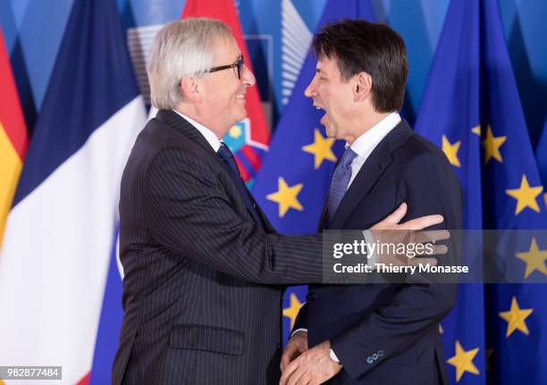 President of the European Commission Jean-Claude Juncker welcomes the Italian Prime Minister Giuseppe Conte prior an informal working meeting on...