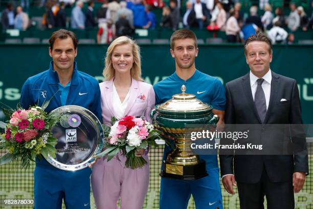 Tennis player Roger Federer, Gerry Weber testimonial international supermodel Eva Herzigoval, tennis player Borna Coric of Croatia and Ralf Weber,...