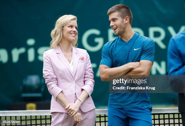 Gerry Weber testimonial international supermodel Eva Herzigova and tennis player Borna Coric of Croatia during the Gerry Weber Open 2018 at Gerry...