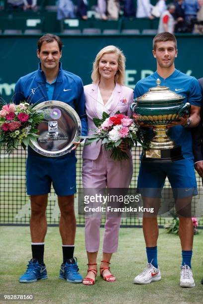 Tennis player Roger Federer, Gerry Weber testimonial international supermodel Eva Herzigova and tennis player Borna Coric of Croatia during the Gerry...