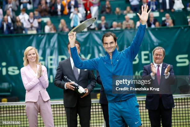 Gerry Weber testimonial international supermodel Eva Herzigova and tennis player Roger Federer during the Gerry Weber Open 2018 at Gerry Weber...