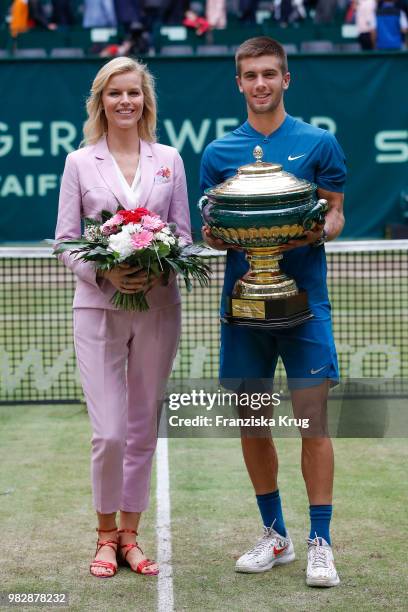 Gerry Weber testimonial international supermodel Eva Herzigova and tennis player Borna Coric of Croatia during the Gerry Weber Open 2018 at Gerry...