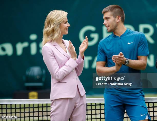 Gerry Weber testimonial international supermodel Eva Herzigova and tennis player Borna Coric of Croatia during the Gerry Weber Open 2018 at Gerry...