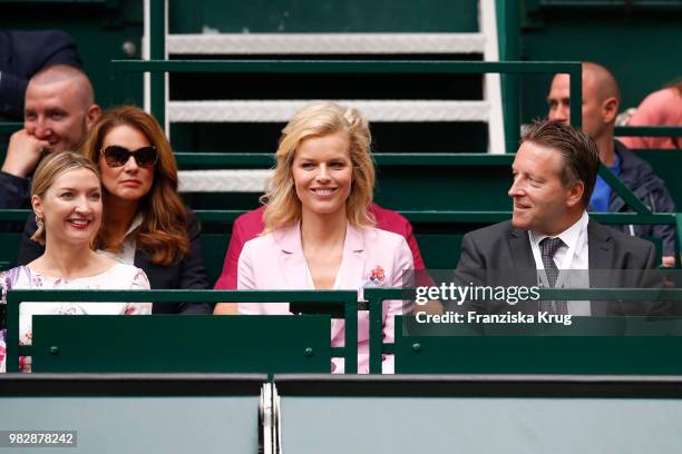 Irina Weber, Gerry Weber testimonial international supermodel Eva Herzigova, and Ralf Weber, CEO Gerry Weber, during the Gerry Weber Open 2018 at...