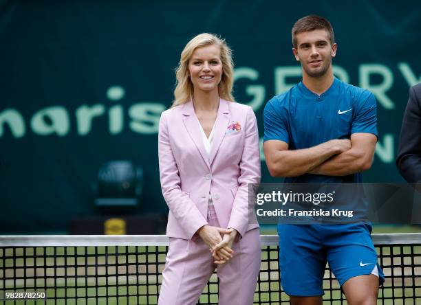 Gerry Weber testimonial international supermodel Eva Herzigova and tennis player Borna Coric of Croatia during the Gerry Weber Open 2018 at Gerry...