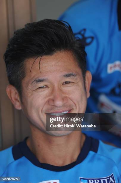 Kazuyoshi Miura of Yokohama FC looks on prior to the J.League J2 match between Yokohama FC and Ventforet Kofu at Nippatsu Mitsuzawa Stadium on June...