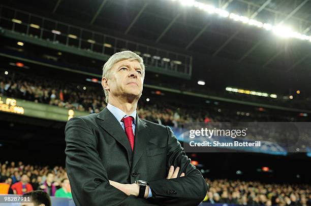 Arsenal Manager, Arsene Wenger looks on prior to the UEFA Champions League quarter final second leg match between Barcelona and Arsenal at Camp Nou...