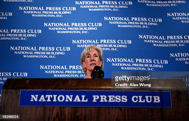 Secretary of Health and Human Services Kathleen Sebelius speaks during a National Press Club Newsmaker Luncheon April 6, 2010 in Washington, DC....