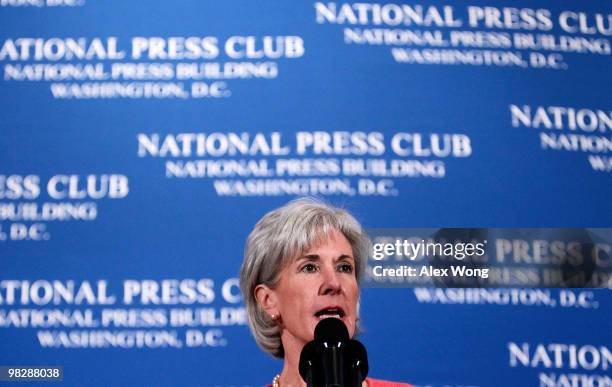 Secretary of Health and Human Services Kathleen Sebelius speaks during a National Press Club Newsmaker Luncheon April 6, 2010 in Washington, DC....