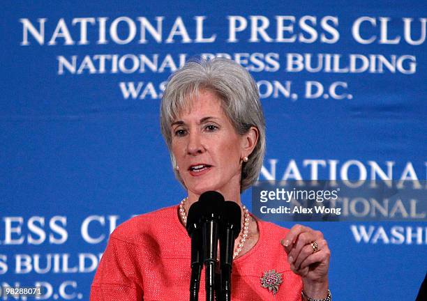 Secretary of Health and Human Services Kathleen Sebelius speaks during a National Press Club Newsmaker Luncheon April 6, 2010 in Washington, DC....