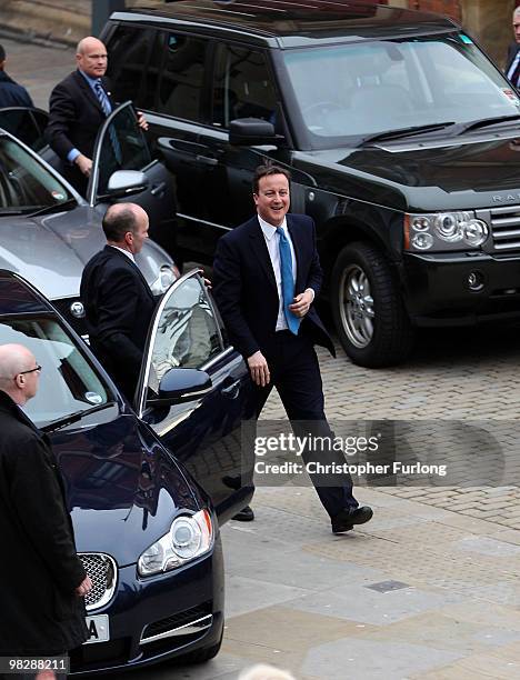 Conservative party leader David Cameron arrives to speak to party faithful at Leeds City Museum as the Tory election campaign gets underway on April...