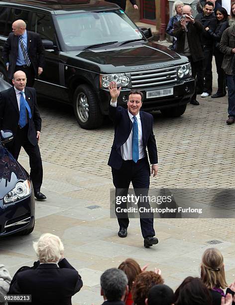 Conservative party leader David Cameron arrives to speak to party faithful at Leeds City Museum as the Tory election campaign gets underway on April...