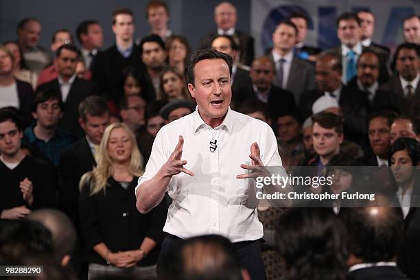 Conservative party leader David Cameron speaks to party faithful at Leeds City Museum as the tory election campaign gets underway on April 6, 2010 in...