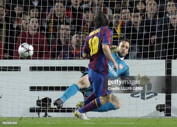Barcelona's Argentinian forward Lionel Messi scores the secong goal during the UEFA Champions League football match between Barcelona and Arsenal at...