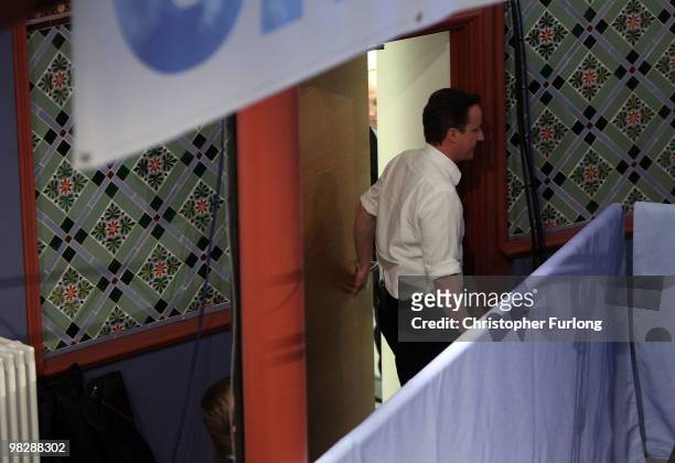 Conservative party leader David Cameron arrives to speak to party faithful at Leeds City Museum as the tory election campaign gets underway on April...