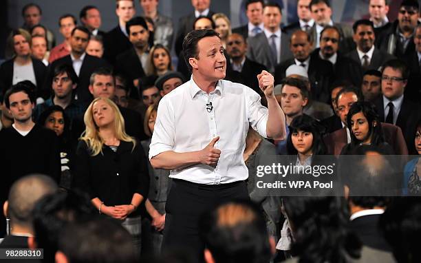 Conservative party leader David Cameron arrives to speak to party faithful at Leeds City Museum as the tory election campaign gets underway on April...