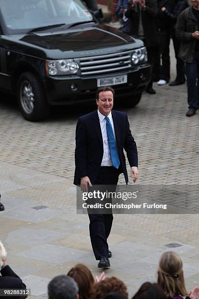 Conservative party leader David Cameron arrives to speak to party faithful at Leeds City Museum as the Tory election campaign gets underway on April...