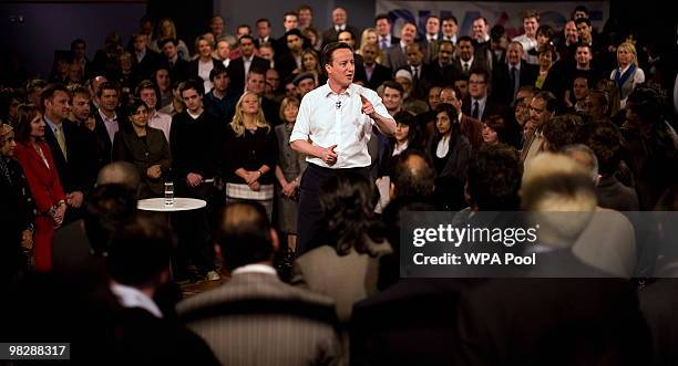 Conservative party leader David Cameron arrives to speak to party faithful at Leeds City Museum as the tory election campaign gets underway on April...