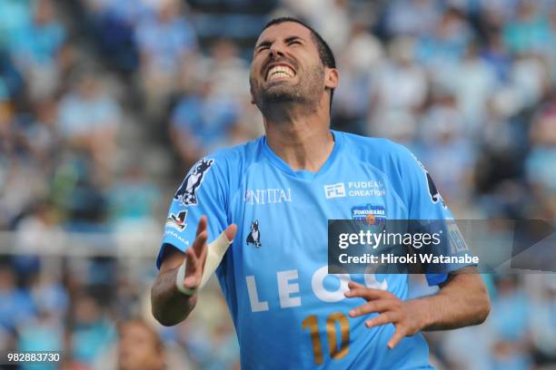 Ibba of Yokohama FC looks on during the J.League J2 match between Yokohama FC and Ventforet Kofu at Nippatsu Mitsuzawa Stadium on June 24, 2018 in...