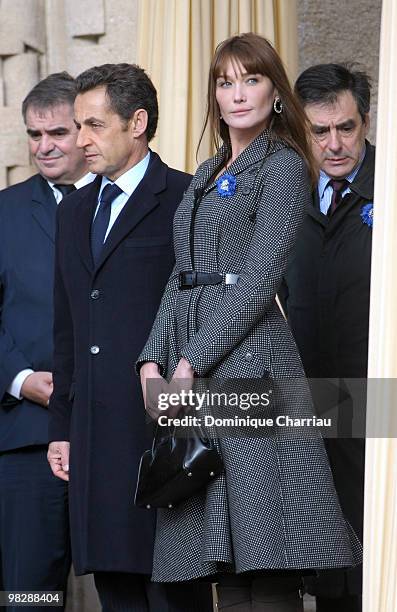 Nicolas Sarkosy and his Wife Carla Bruni-Sarkozy leaves the Douaumont memorial after commemorations of the 90th anniversary of the end of World War I...