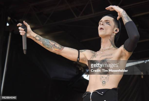 Andy Biersack of Black Veil Brides performs during the 2018 Vans Warped Tour at Shoreline Amphitheatre on June 23, 2018 in Mountain View, California.