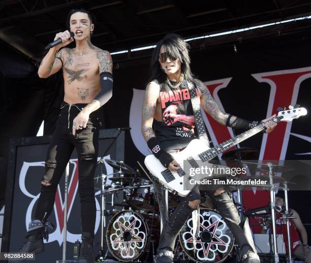 Andy Biersack and Ashley Purdy of Black Veil Brides perform during the 2018 Vans Warped Tour at Shoreline Amphitheatre on June 23, 2018 in Mountain...