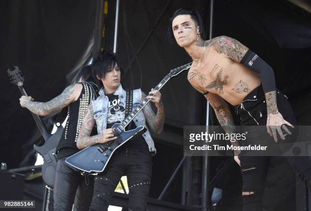 Jinxx and Andy Biersack of Black Veil Brides perform during the 2018 Vans Warped Tour at Shoreline Amphitheatre on June 23, 2018 in Mountain View,...