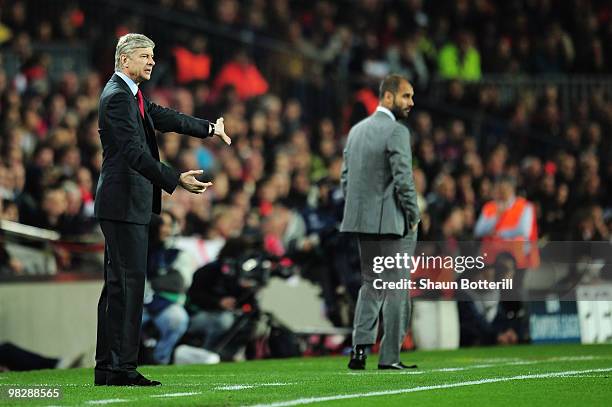 Manager of Arsenal Arsene Wenger during the UEFA Champions League quarter final second leg match between Barcelona and Arsenal at Camp Nou on April...