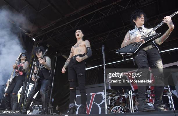 Ashley Purdy Jake Pitts, Andy Biersack, and Jinxx of Black Veil Brides perform during the 2018 Vans Warped Tour at Shoreline Amphitheatre on June 23,...