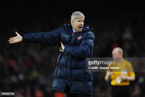Manager of Arsenal Arsene Wenger shouts at the officials during the UEFA Champions League quarter final second leg match between Barcelona and...