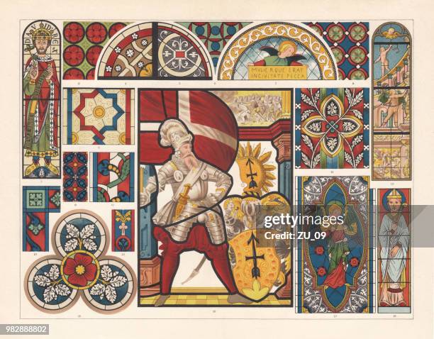 stained glass, lithograph, published in 1897 - medieval stock illustrations stock illustrations
